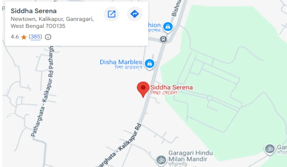 Location map of Siddha Serena on BT Road, Kolkata